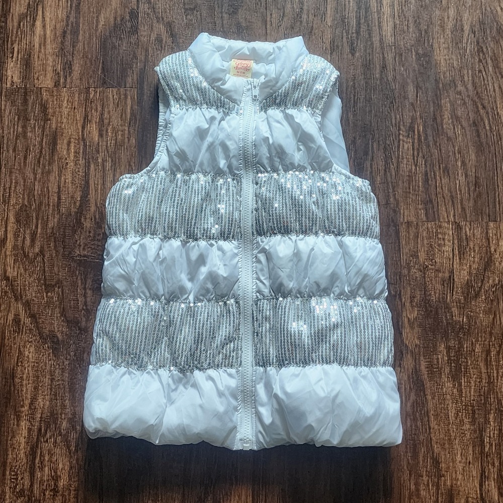 GIRLS FADED GLORY Size Medium 7 8 Full ZIP UP Puff Sequin Artic White Vest